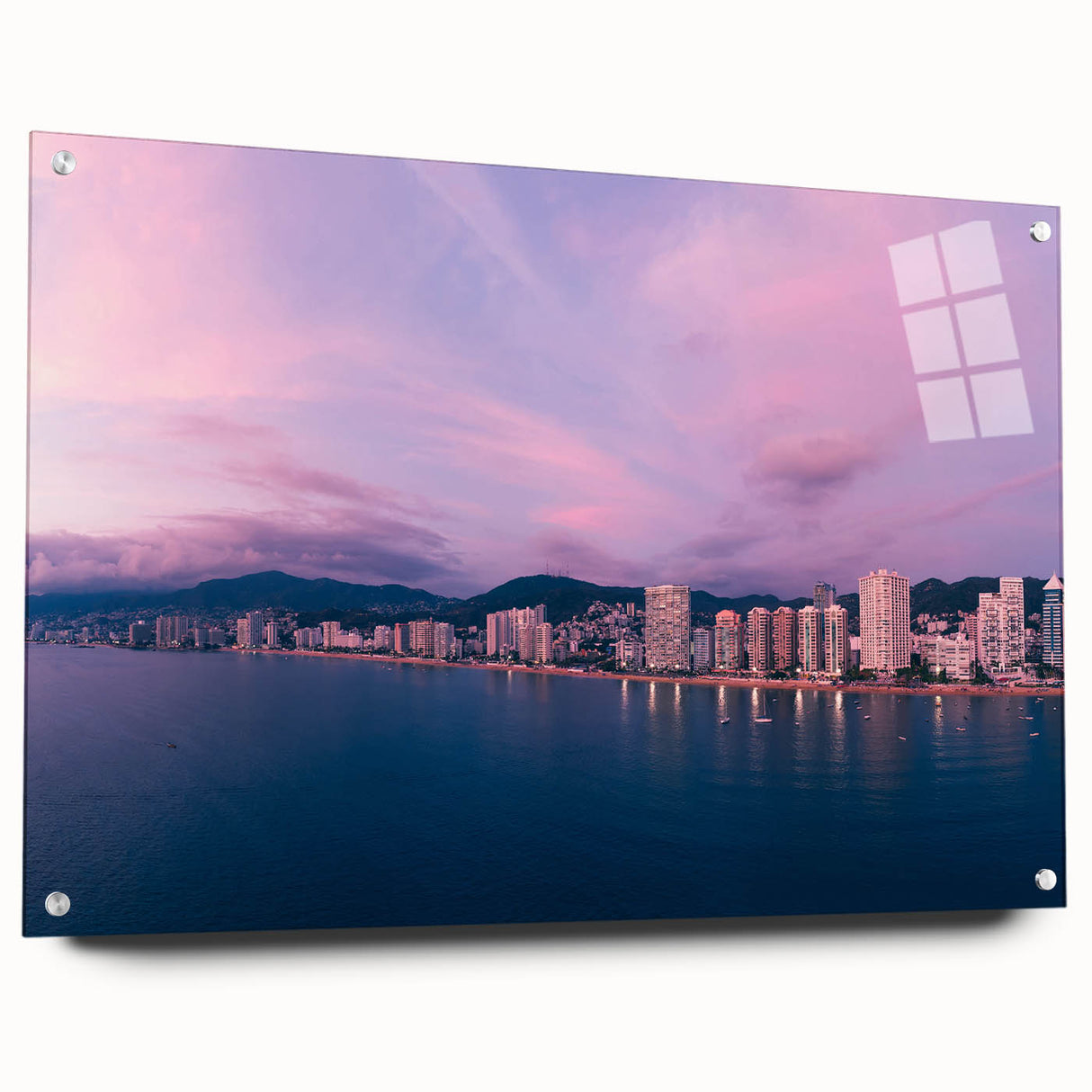 Acrylic print of a large abstract depiction of Acapulco scenery, using vibrant blues and greens.