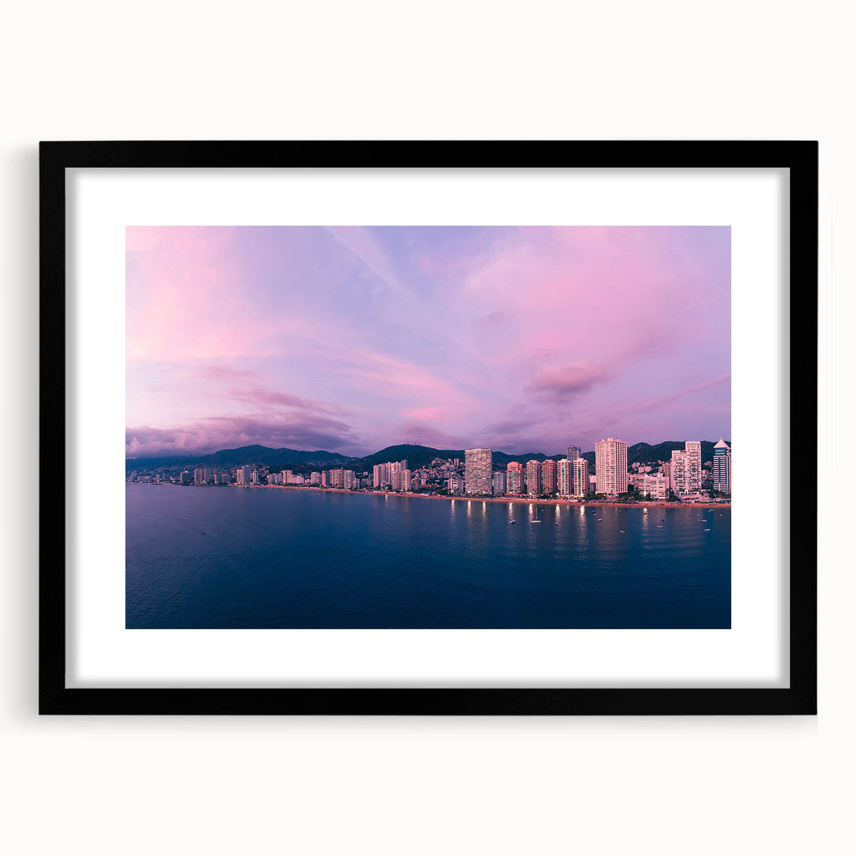 Extra large, textured abstract art print of colorful Acapulco scenery on a framed black mat, ideal for living room decor.