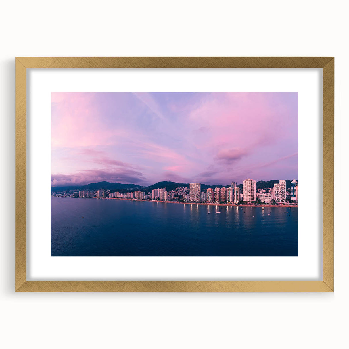 Extra large wall art featuring an abstract depiction of Acapulco with textured details in vibrant colors, framed in gold.