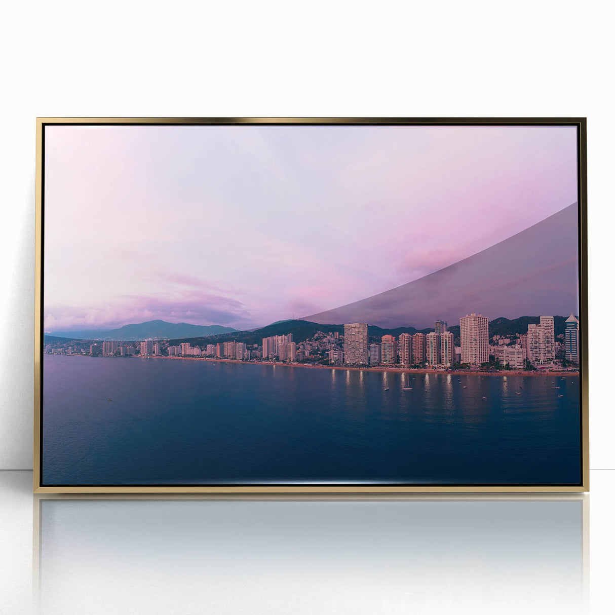Mid-century modernist Acapulco scenery in vibrant greens and blues on a gold-framed acrylic print.