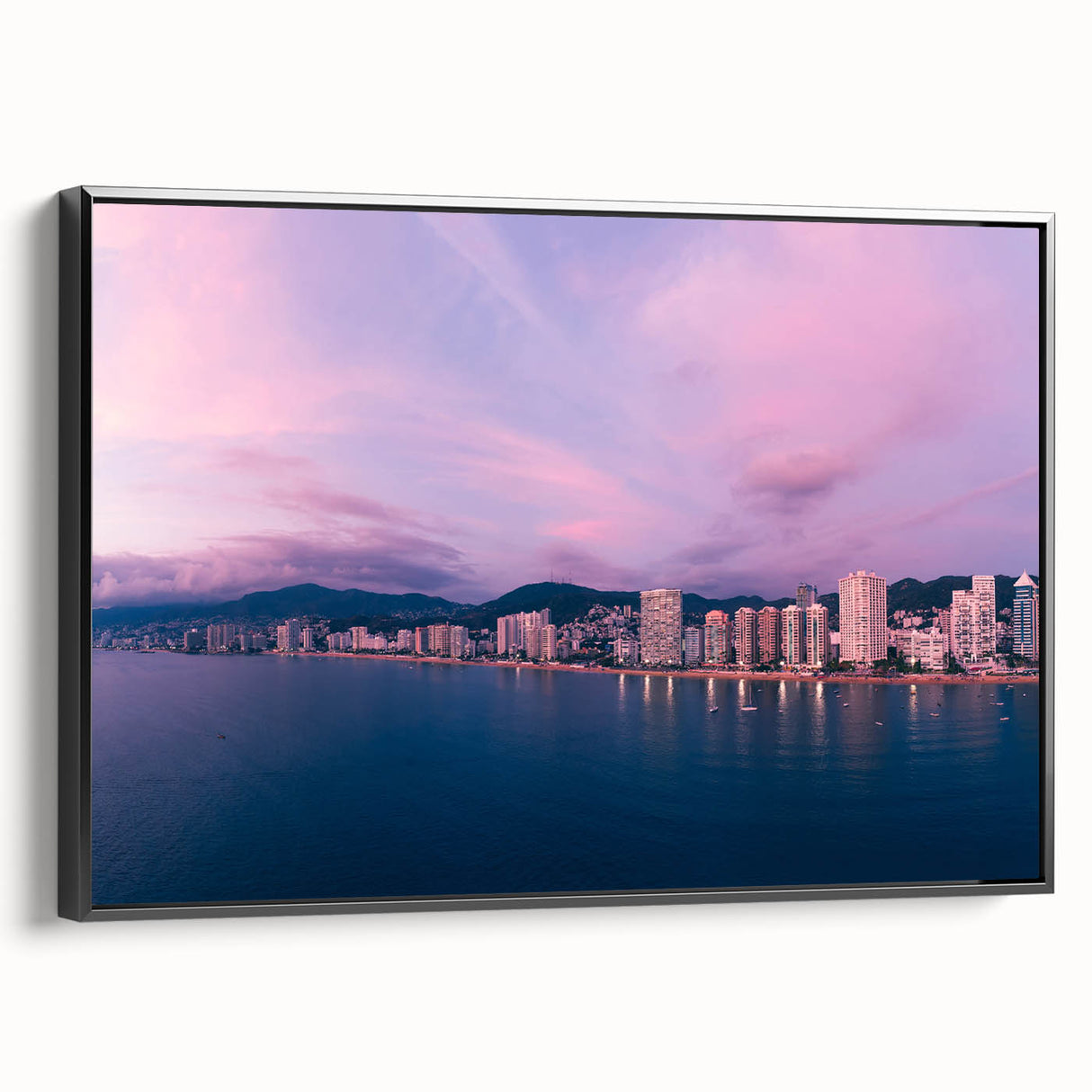 Black and white vintage poster art of Acapulco landscape on framed canvas, ideal for bedroom wall decor.