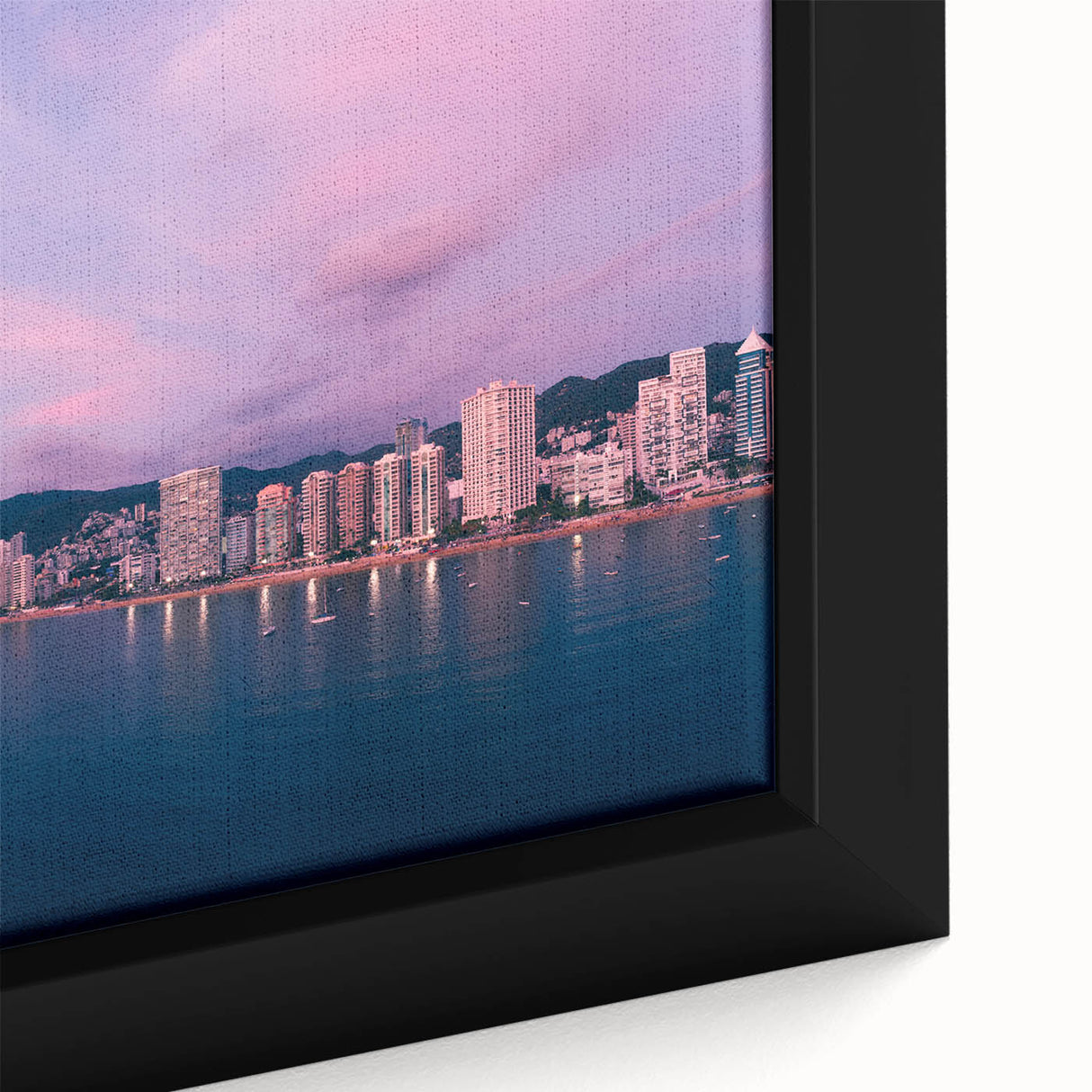 Extra large framed canvas featuring a textured depiction of Acapulco scenery in black with colorful accents.