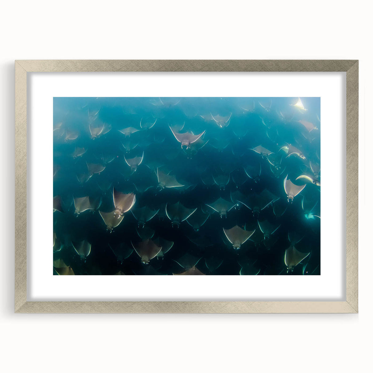 Textured abstract art print of Baja California scenery in muted earth tones on a framed silver mat.