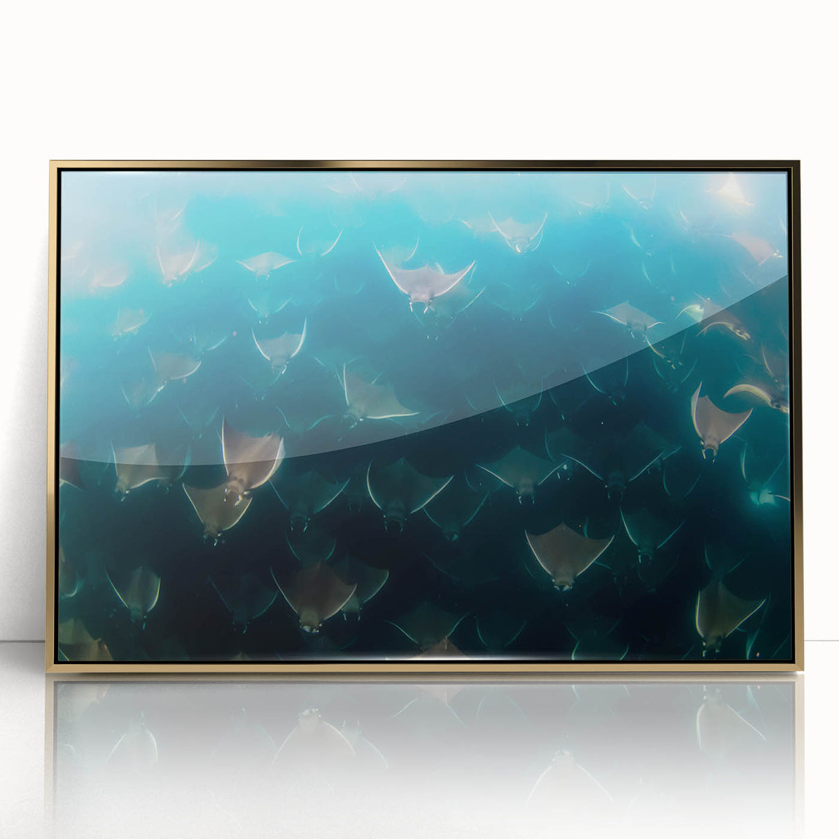 Mid-century modernist style acrylic print of Baja California scenery in gold frame, suitable for modern art wall decor.