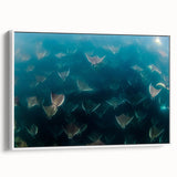 Vintage poster art of Baja California scenery on a framed canvas, featuring colorful art with black accents.