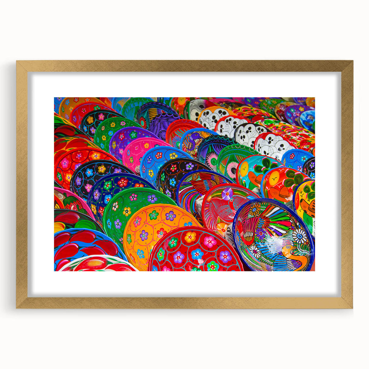 Extra large abstract art print of Cancun scenery in gold frame, featuring textured blue and green tones.