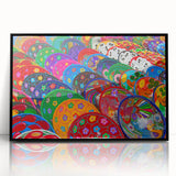 Large abstract wall art of Cancun scenery in muted blue and green, framed in black acrylic.
