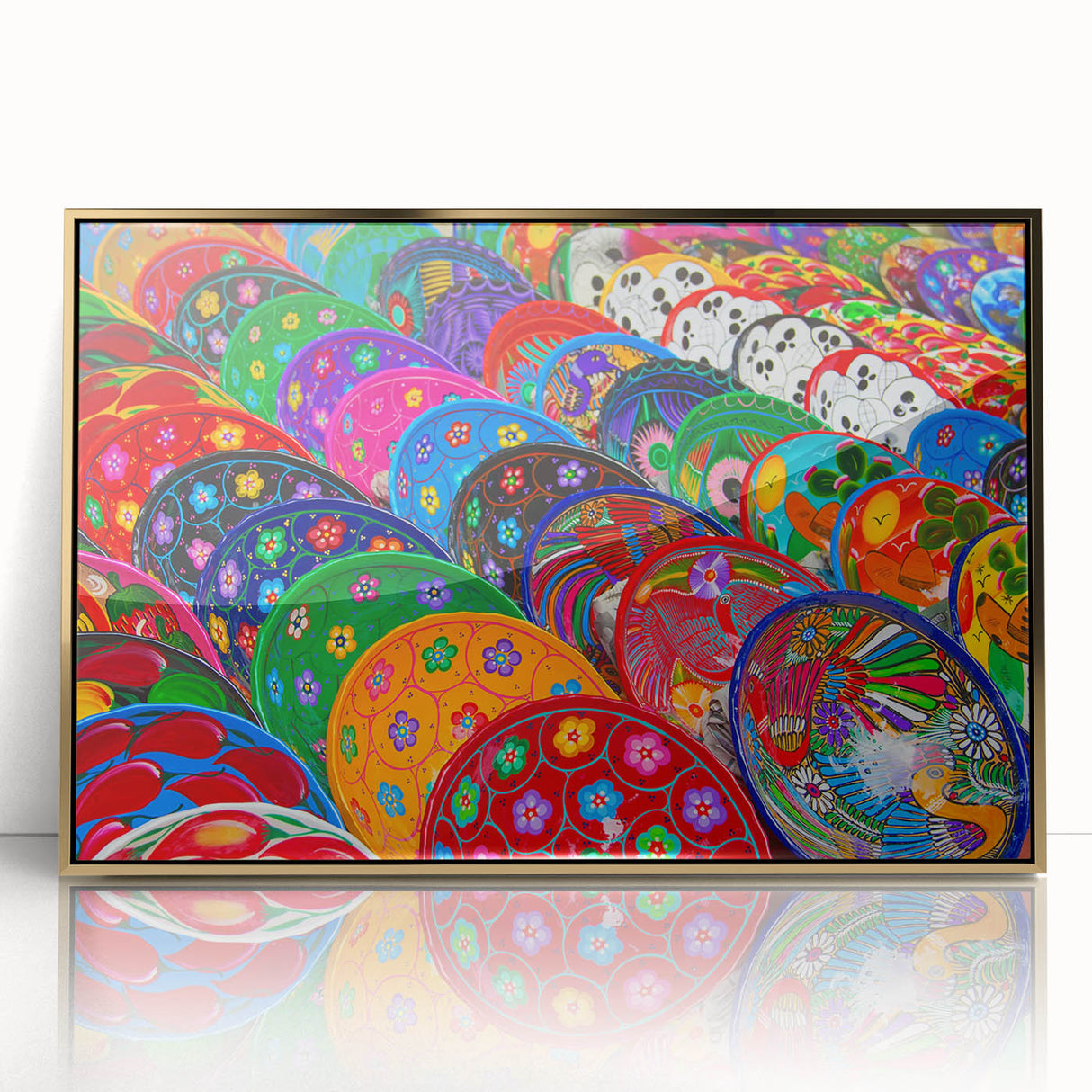 Large art print of Cancun scenery in mid-century modernist style, with vibrant blue and green tones on framed acrylic.