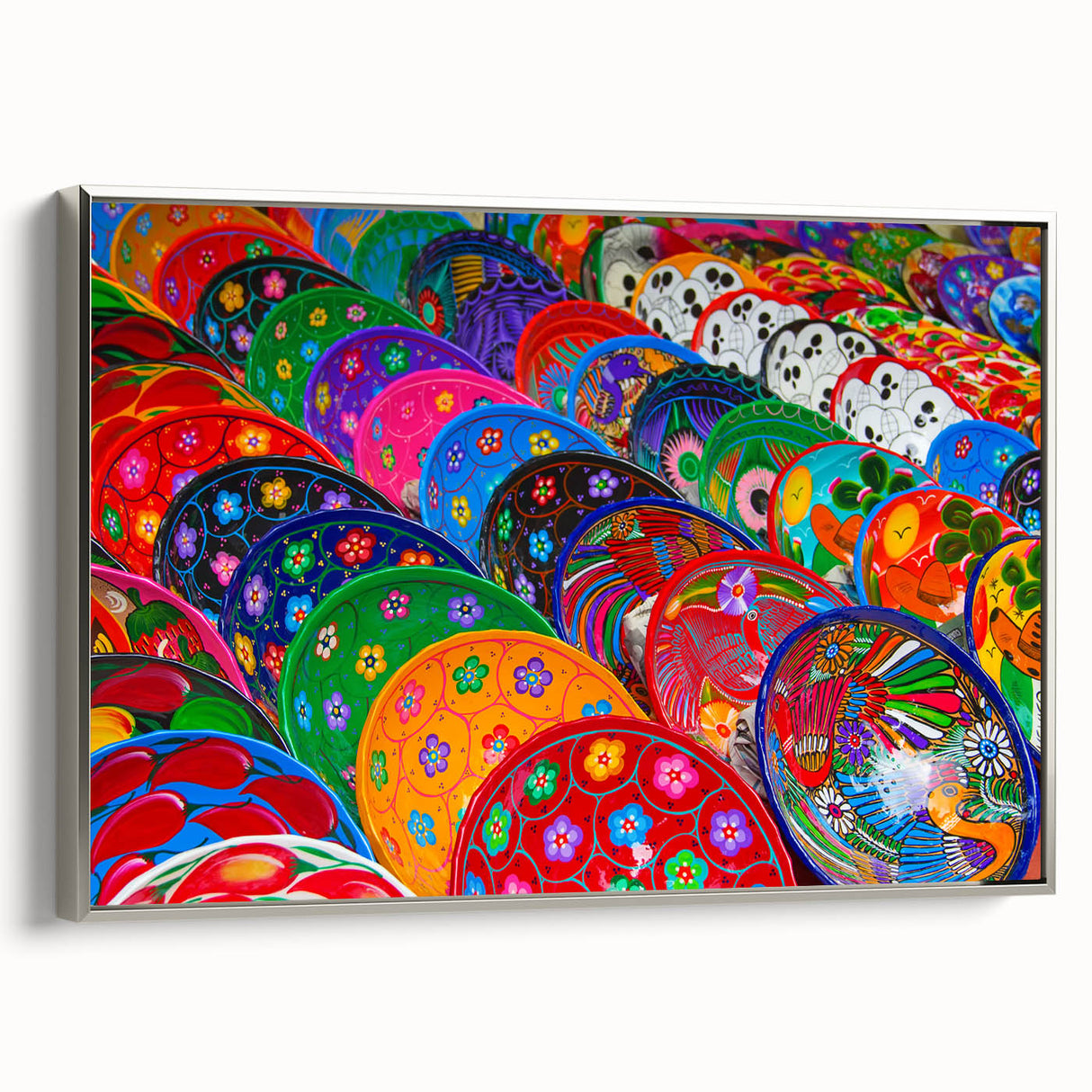 Framed canvas of a vintage-style Cancun landscape painting with vibrant colors on a black background.