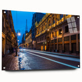 Acrylic print of a large abstract depiction of Mexico City in vibrant colors, ideal for dining room decor.