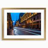Extra large abstract art print of Mexico City, featuring textured brush strokes in gold and black, framed with a gold mat.