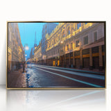 Acrylic print of Mexico City skyline in gold hues, framed, mid-century modernist style, suitable for modern art wall decor.