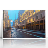 Acrylic print of Mexico City skyline with art deco elements in muted gray and blue tones, ideal for modern art wall decor.