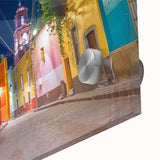 Mid-century modernist art of Guanajuato, Mexico in vibrant colors on acrylic glass, ideal for dining room art.