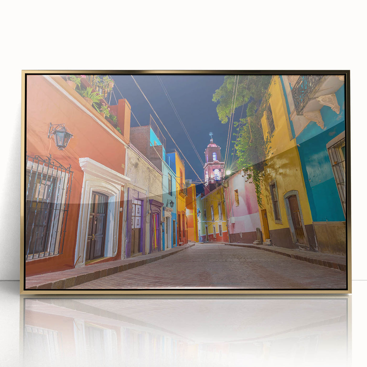 Mid-century modernist art of Guanajuato, Mexico, in vibrant colors on a framed acrylic, ideal for modern art wall decor.