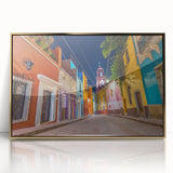 Mid-century modernist art of Guanajuato, Mexico, in vibrant colors on a framed acrylic, ideal for modern art wall decor.