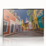 Mid-century modernist art of Guanajuato, Mexico in vibrant colors on a silver-framed acrylic.