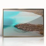 Framed acrylic print of a serene Quintana Roo landscape in soft blue and green tones, ideal for modern art wall decor.