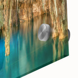Large abstract depiction of Yucatan scenery on acrylic glass, featuring earthy and green tones.