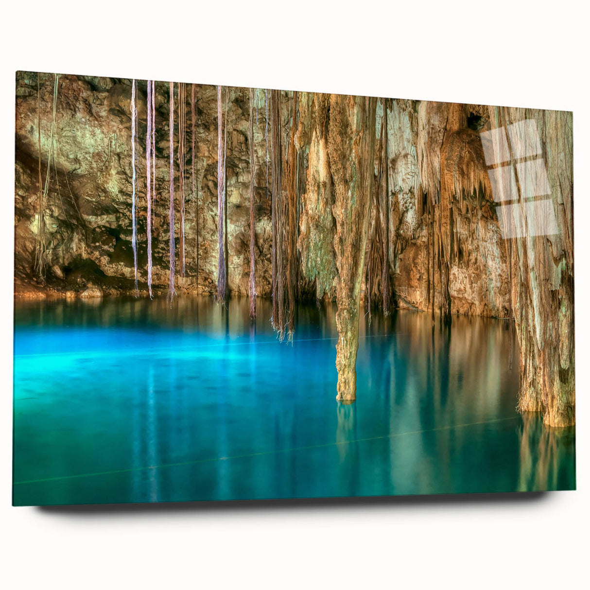 Large abstract wall art depicting Yucatan scenery in muted earth tones on acrylic glass.