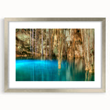Abstract art print of Yucatan scenery in textured style, featuring earthy tones on a silver-framed canvas.