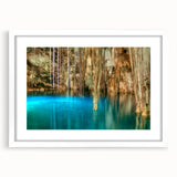 Abstract art print of Yucatan scenery in muted earth tones on a framed white mat, suitable for dining room or bedroom.