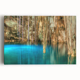 Large black and white stretched canvas featuring a serene Yucatan landscape, ideal for kitchen wall art.