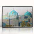 Large abstract wall art featuring a stylized Middle Eastern scenery in muted earth tones, framed in black acrylic.
