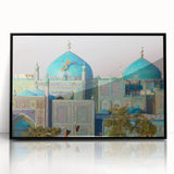 Large abstract wall art featuring a stylized Middle Eastern scenery in muted earth tones, framed in black acrylic.