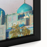 Extra large framed canvas depicting a textured Middle Eastern scenery in black with colorful accents.