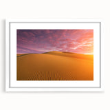 Abstract art print of Dubai skyline in muted gray and blue tones on a framed white mat, suitable for dining room decor.