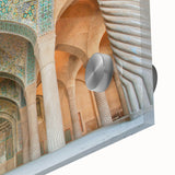 Large abstract wall art depicting a Middle Eastern scenery in muted earth tones on acrylic glass.