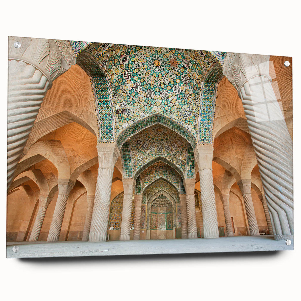 Acrylic print of a large abstract depiction of a Middle Eastern landscape in earth tones.