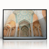 Large abstract wall art depicting a Middle Eastern scenery in muted earth tones on a framed acrylic.