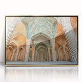 Mid-century modernist style large art print of an Iranian landscape in muted gold tones on a framed acrylic.