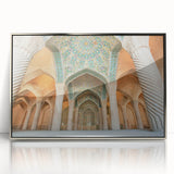 Mid-century modernist art depicting a scenic view of Iran, in muted earth tones on a framed acrylic.