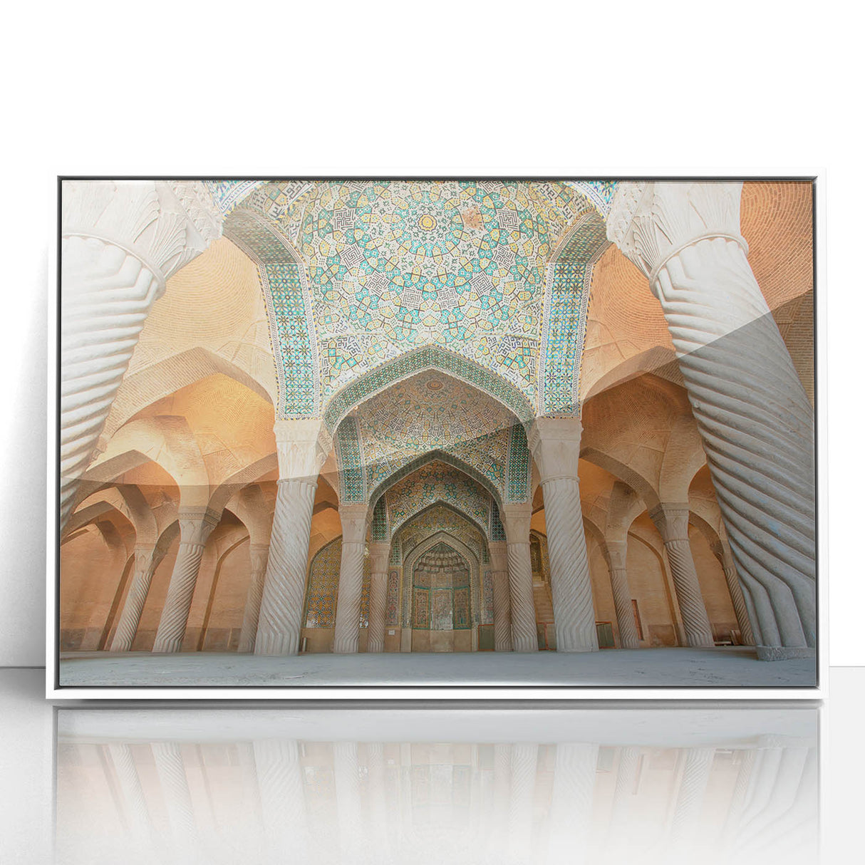 Art Deco style poster depicting a Middle Eastern scenery, framed in white acrylic, suitable for modern nursery decor.