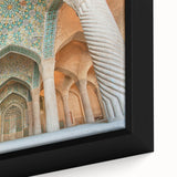 Extra large framed canvas featuring a textured, colorful Middle Eastern scenery in black, ideal for living room decor.