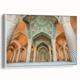 Vintage poster art of an Iranian landscape on a framed canvas, featuring colorful art with a dominant black background.