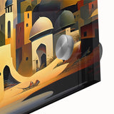 Large abstract wall art featuring a mid-century modernist Iraq scenery in muted earth tones on acrylic glass.