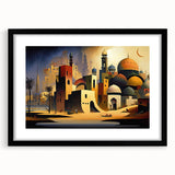 Abstract art print depicting a colorful, textured Middle Eastern scenery on a large framed canvas.