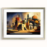 Textured abstract art print depicting a Middle Eastern scenery in muted earth tones, framed in silver, ideal for bedroom art.