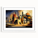 Abstract art print of a Middle Eastern landscape in muted earth tones, framed with a white mat.