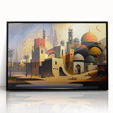 Large abstract wall art featuring a stylized Middle Eastern landscape in muted earth tones.