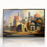 Large art print of a serene Middle Eastern landscape in gold and blue tones, acrylic framed, ideal for modern art wall decor.