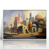 Art deco poster of a Middle Eastern landscape in muted earth tones on a framed acrylic, suitable for modern art wall decor.