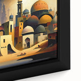 Extra large framed canvas featuring a textured, colorful Middle Eastern scenery in black, ideal for living room decor.