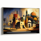 Framed canvas depicting a colorful landscape scene from the Middle East, with muted tones, ideal for a living room or study.