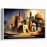 Vintage poster art of a Middle Eastern scenery in vibrant colors on a large framed canvas, ideal for living room decor.