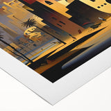 Art deco poster of Middle Eastern scenery in muted earth tones on rolled canvas, suitable for dining room decor.